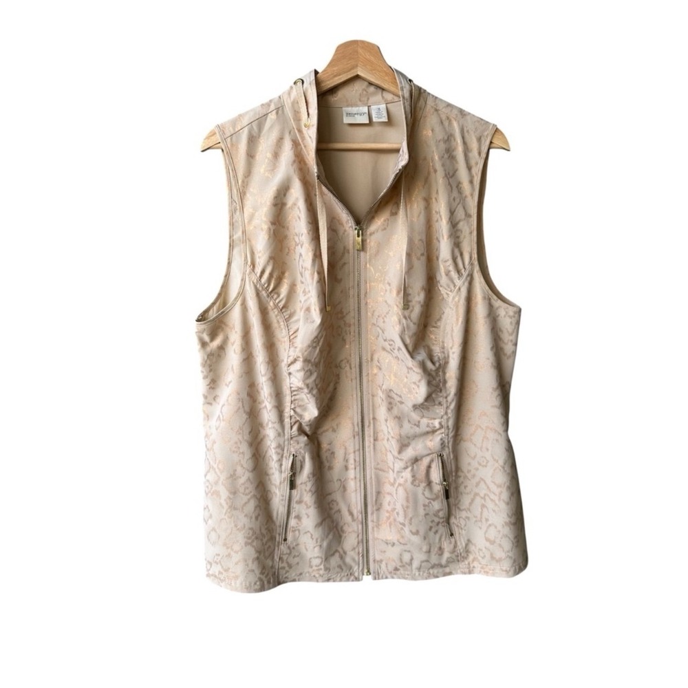 Zenergy by Chicos Vest Beige Gold Animal Print Ruffle Full Zip Preppy Size XL